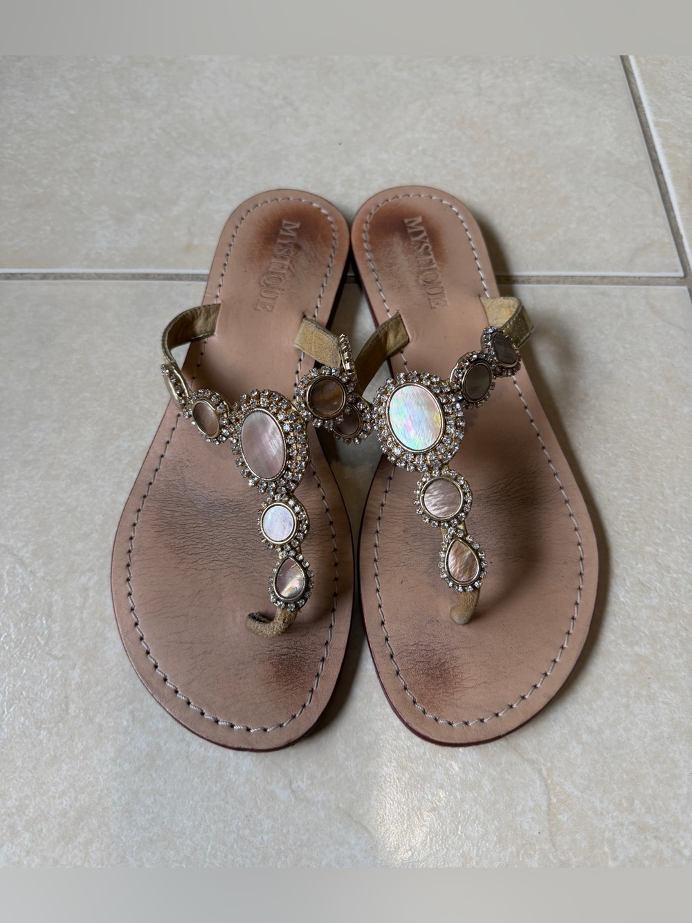 Mystique Pearl Jeweled Rhinestones Sz 9 Gold Leather Thong Sandals Flip Flop
